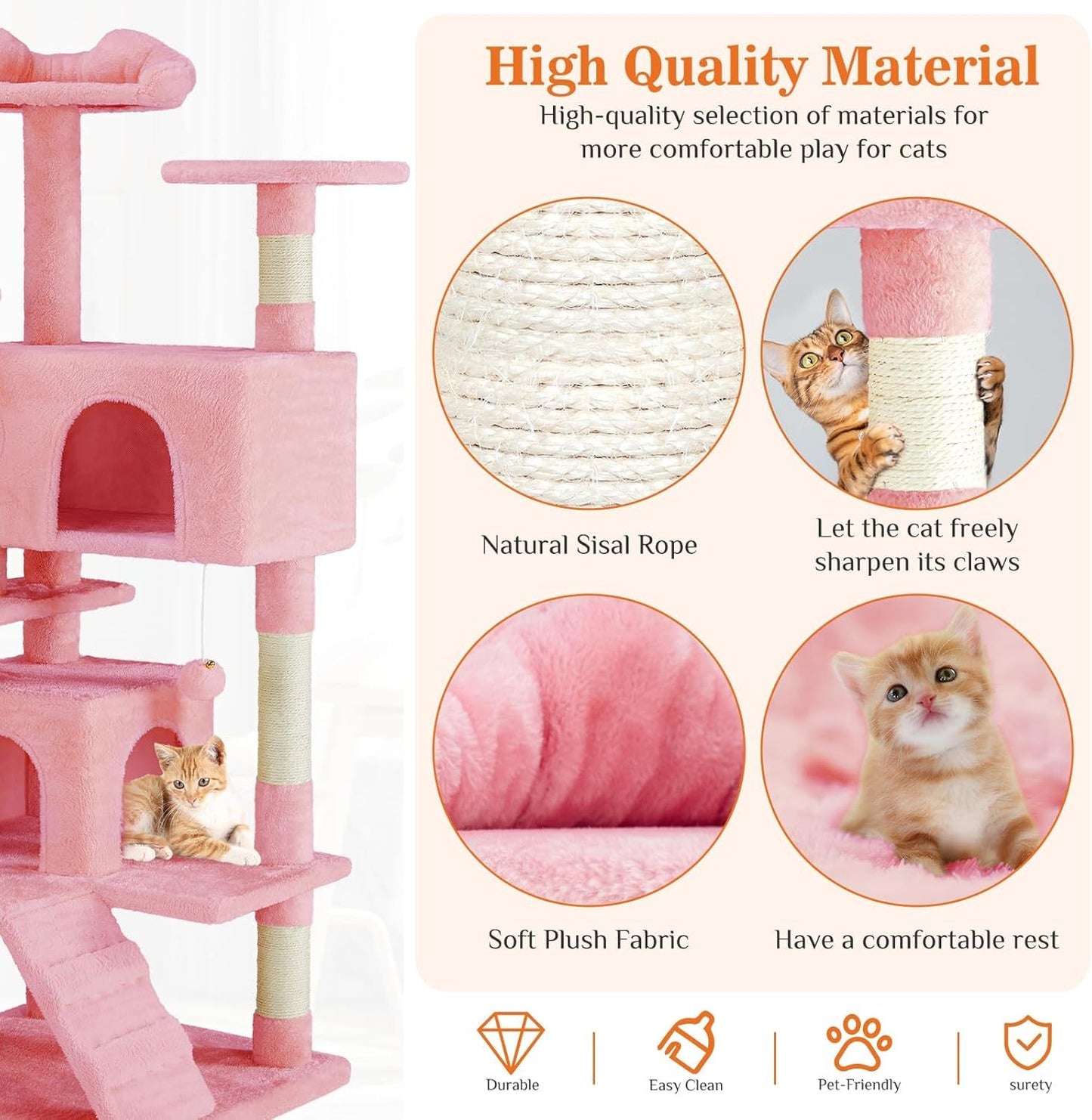 Pink Cat Tree Tower - Multi-level With Sisal Grab Post, Indoor Cat Apartment