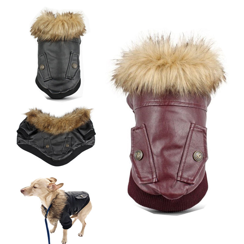 Dog Leather Jacket – Fur Collar & Warm Lambskin Lining