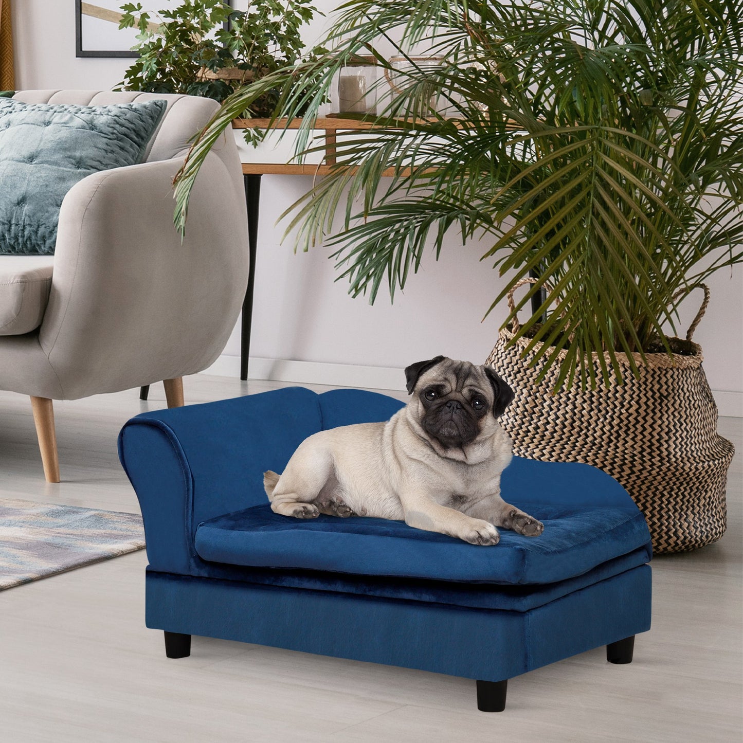 PawHut Luxury Small Dog Sofa Bed with Hidden Storage - Blue
