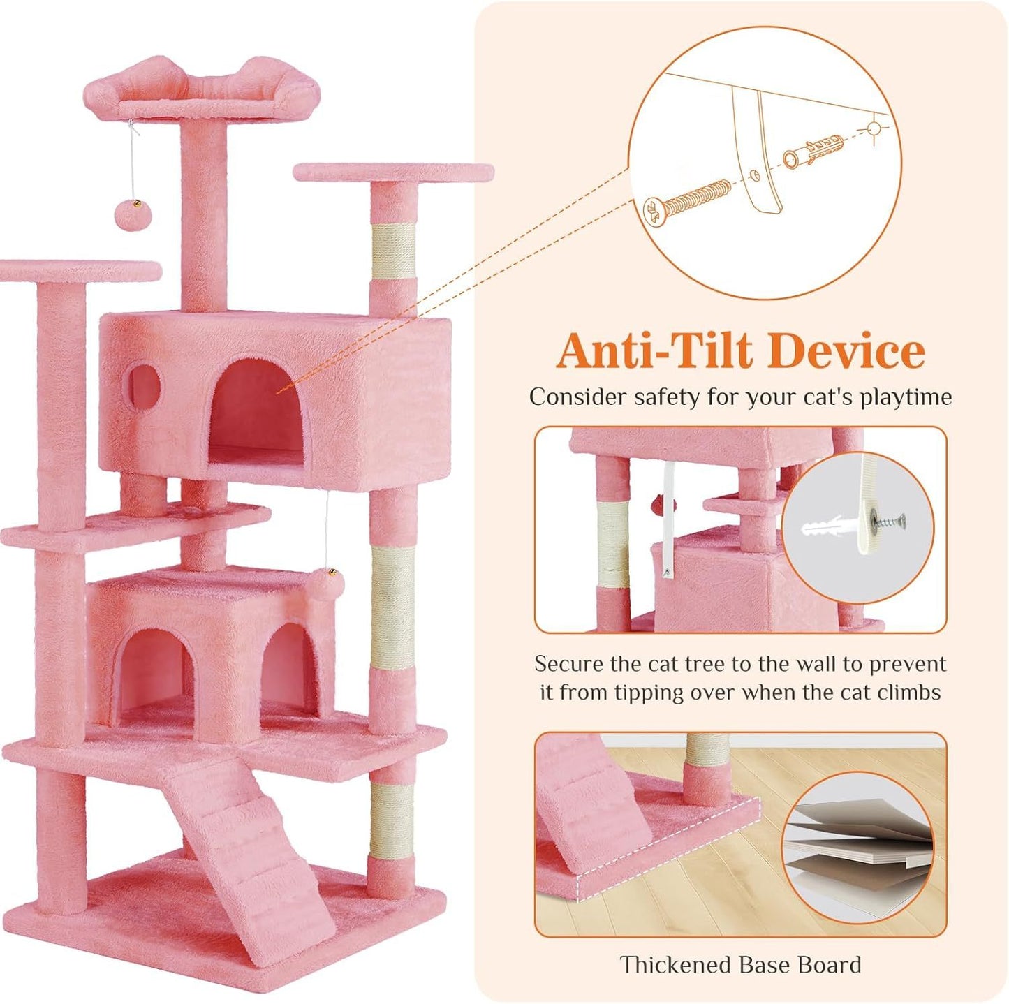 Pink Cat Tree Tower - Multi-level With Sisal Grab Post, Indoor Cat Apartment