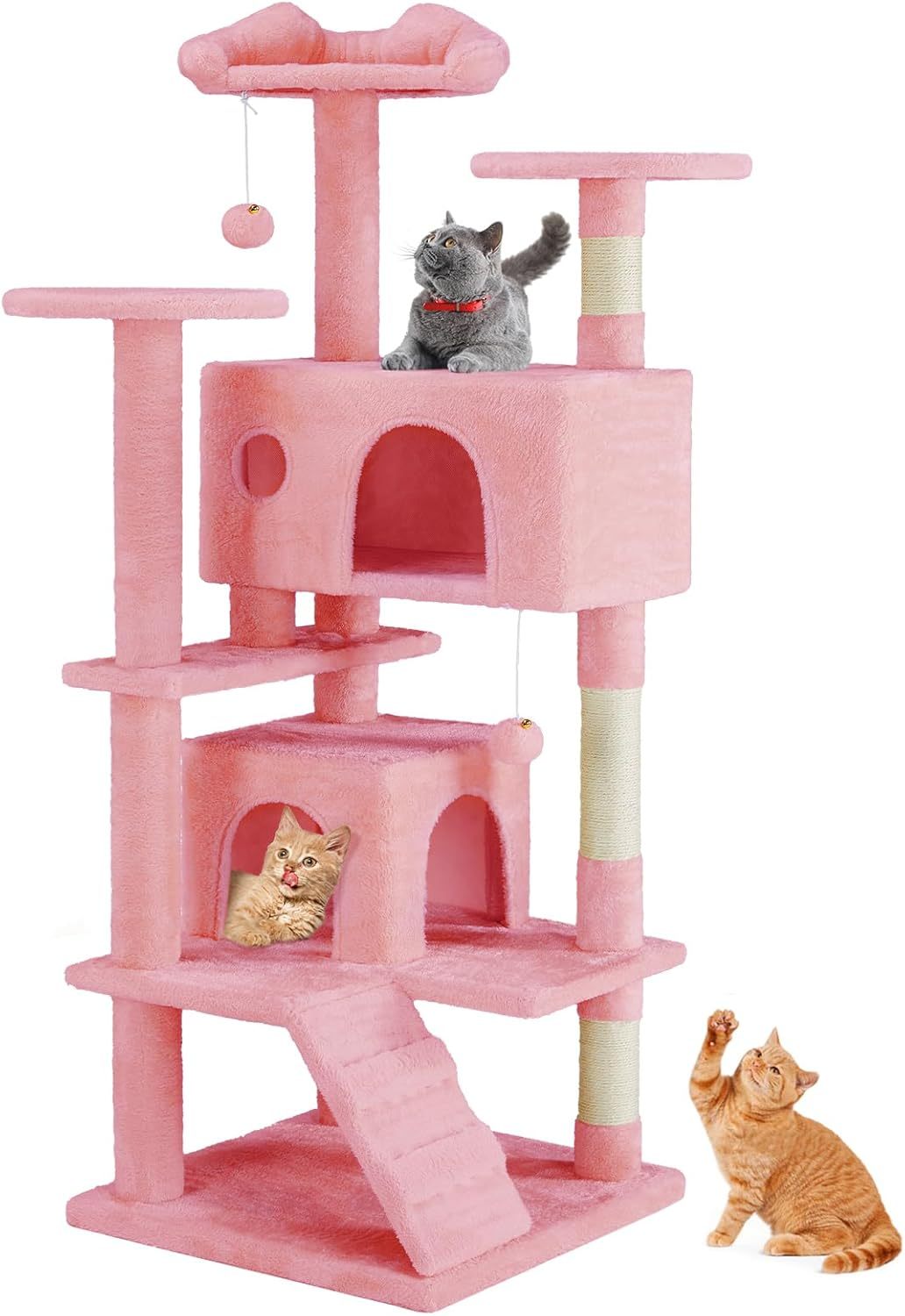 Pink Cat Tree Tower - Multi-level With Sisal Grab Post, Indoor Cat Apartment