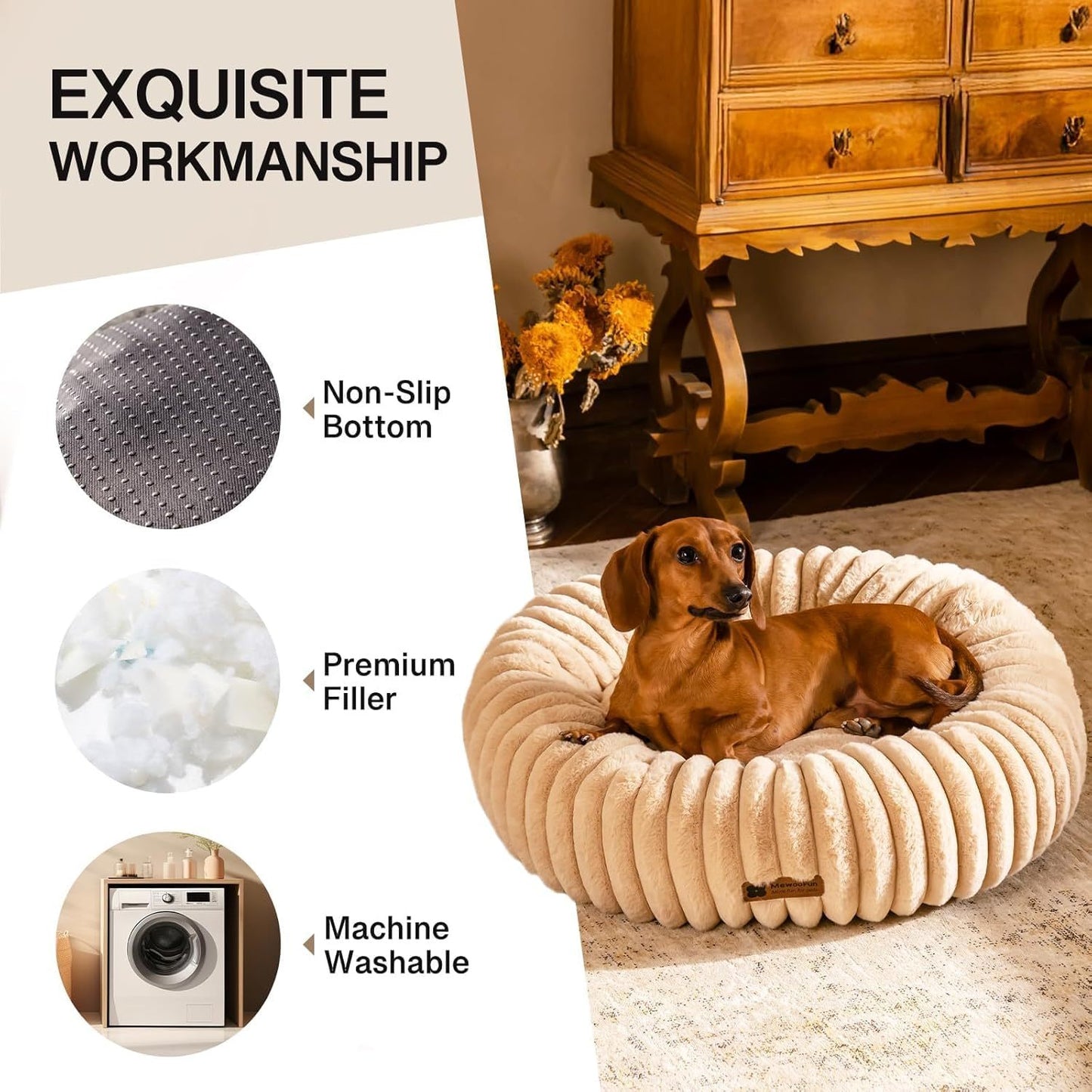MEWOOFUN Cozy Donut Dog Calming Bed Plush, Durable Anxiety Relief