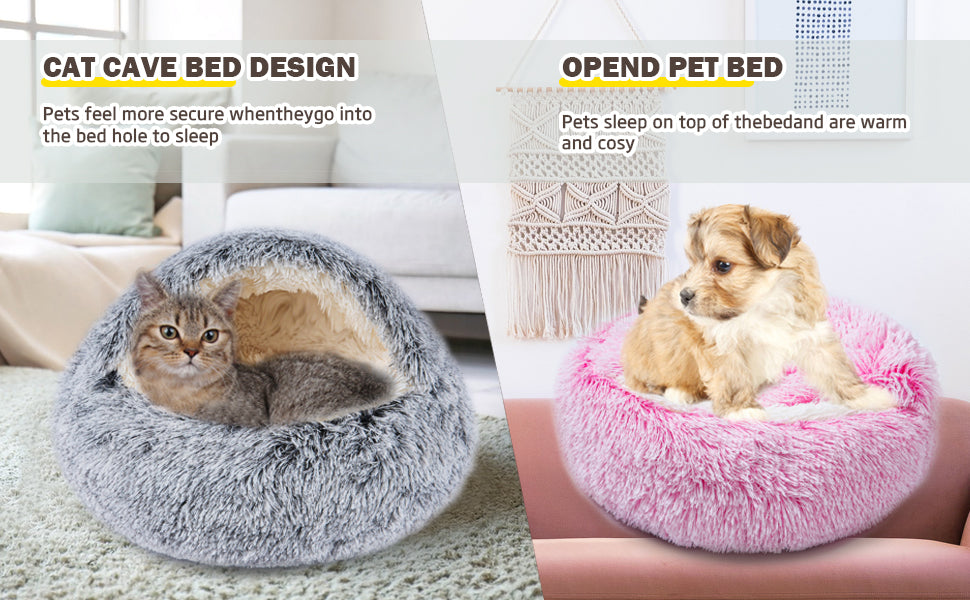 Happy cat resting in a calming, ultra-soft bed and a dog in another