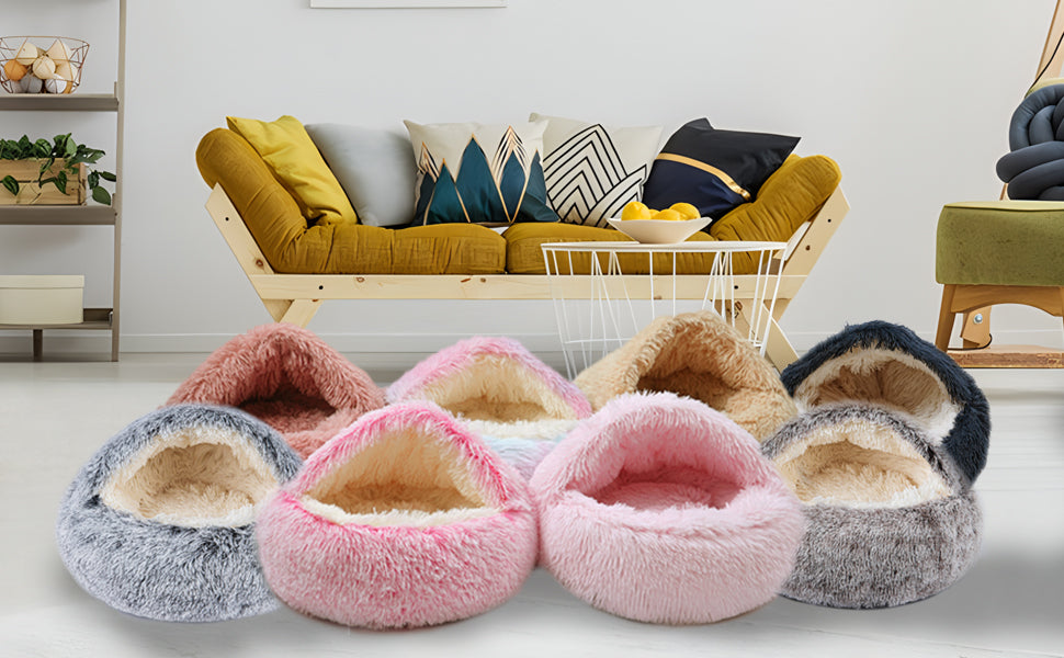 Overstuffed, plush pet bed with a fluffy interior all colors shown
