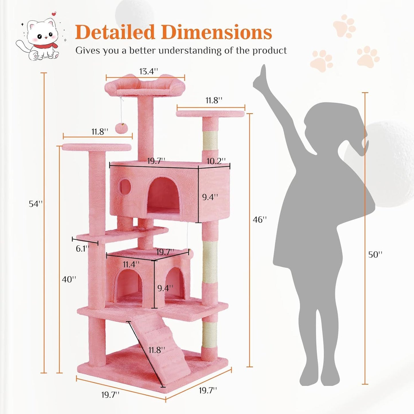 Pink Cat Tree Tower - Multi-level With Sisal Grab Post, Indoor Cat Apartment