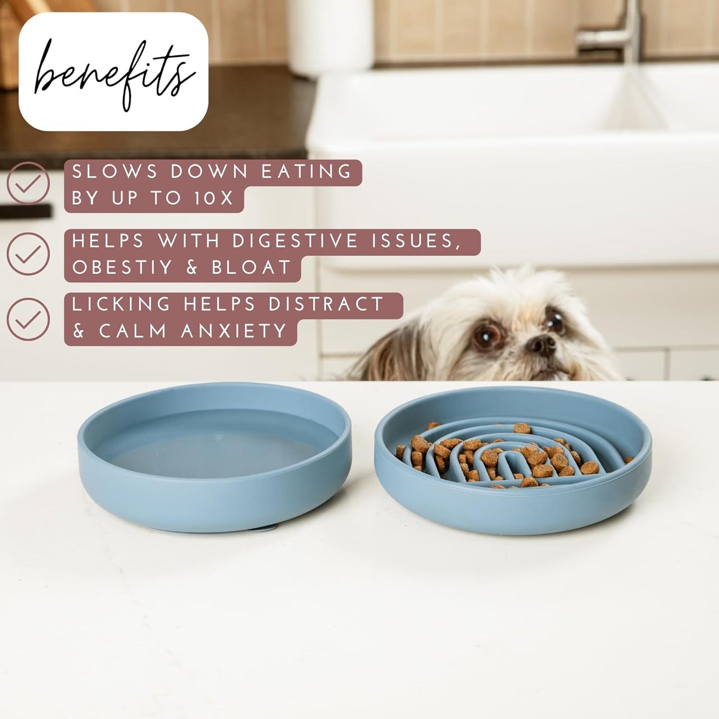 Dog eating from a blue slow feeder with text listing benefits on a kitchen counter.