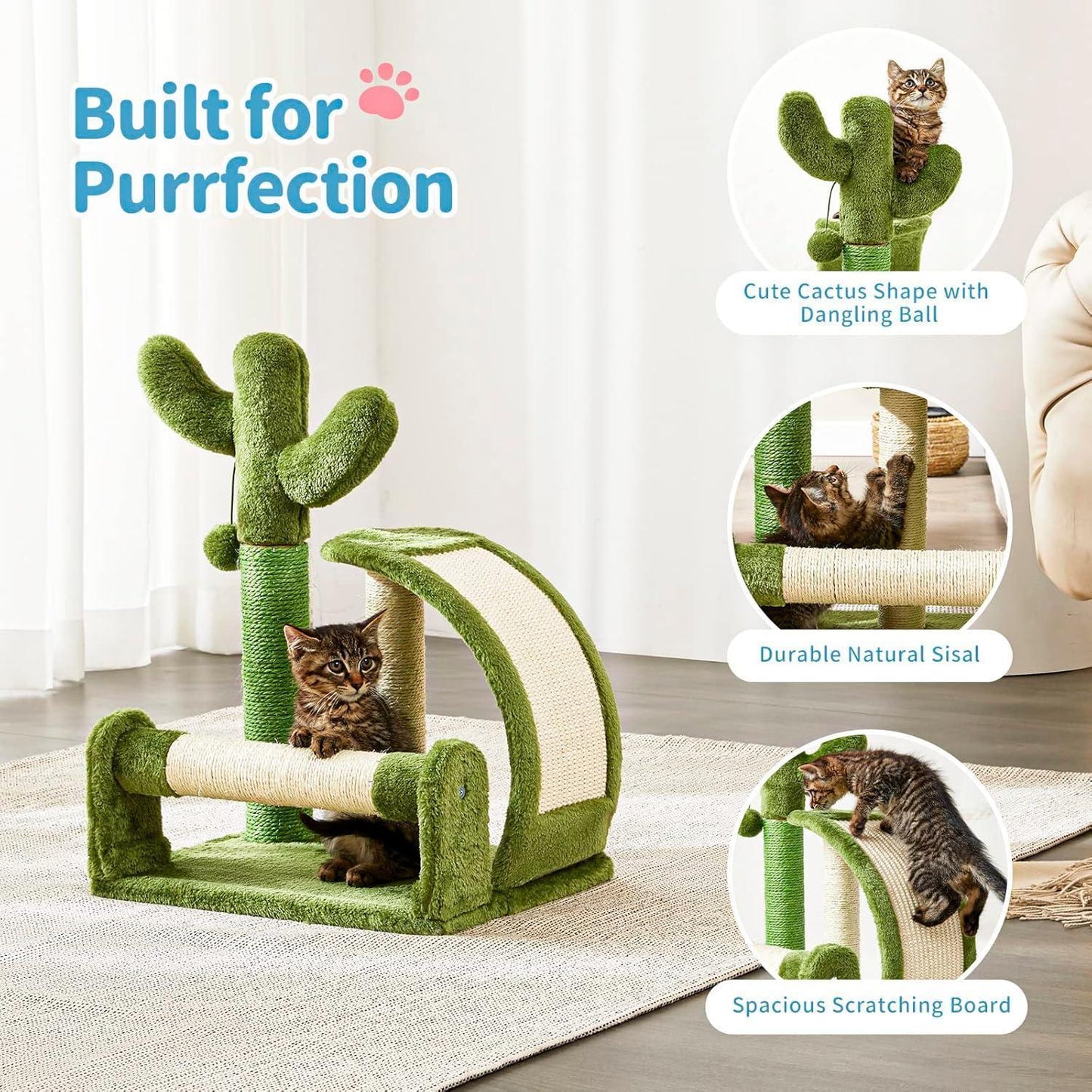 Cat play structure with cactus design, featuring a kitten on a light-colored rug.