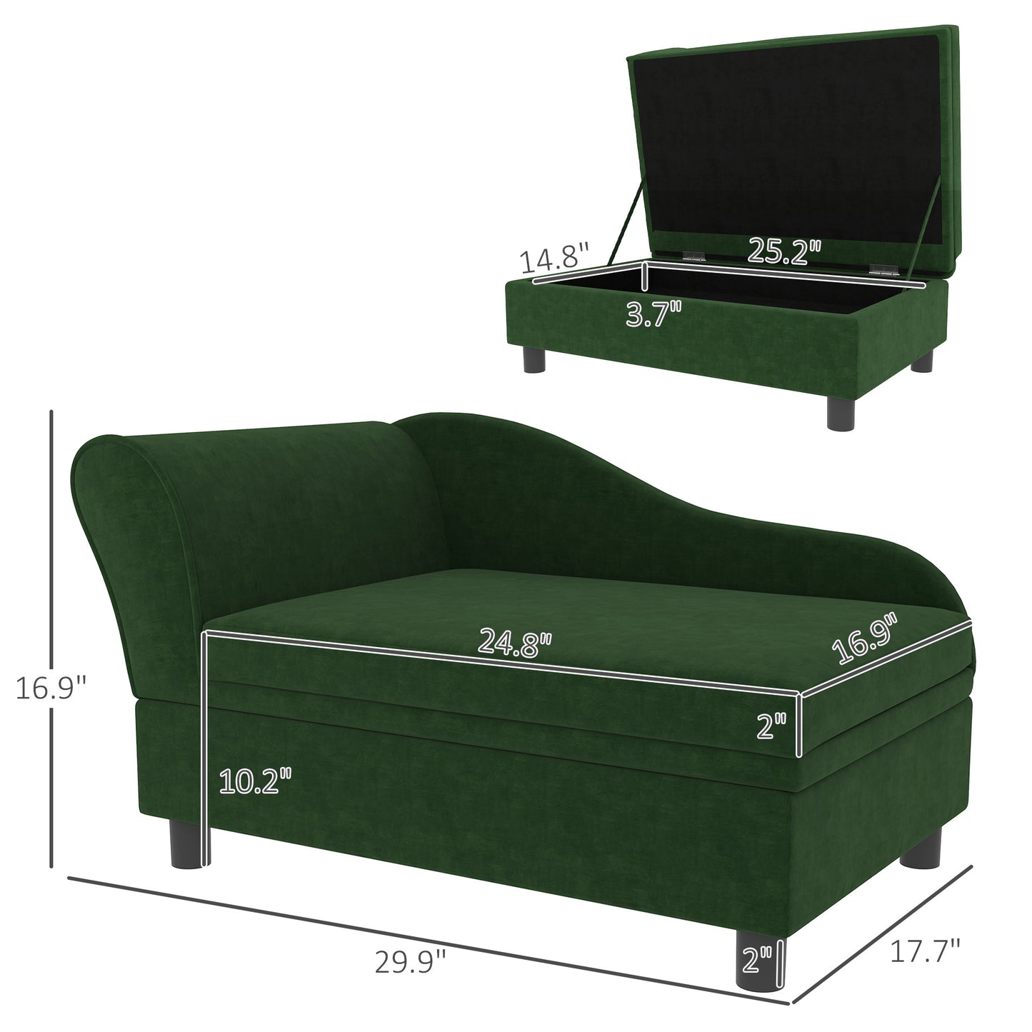 Green dog sofa bed with dimensions on a white background