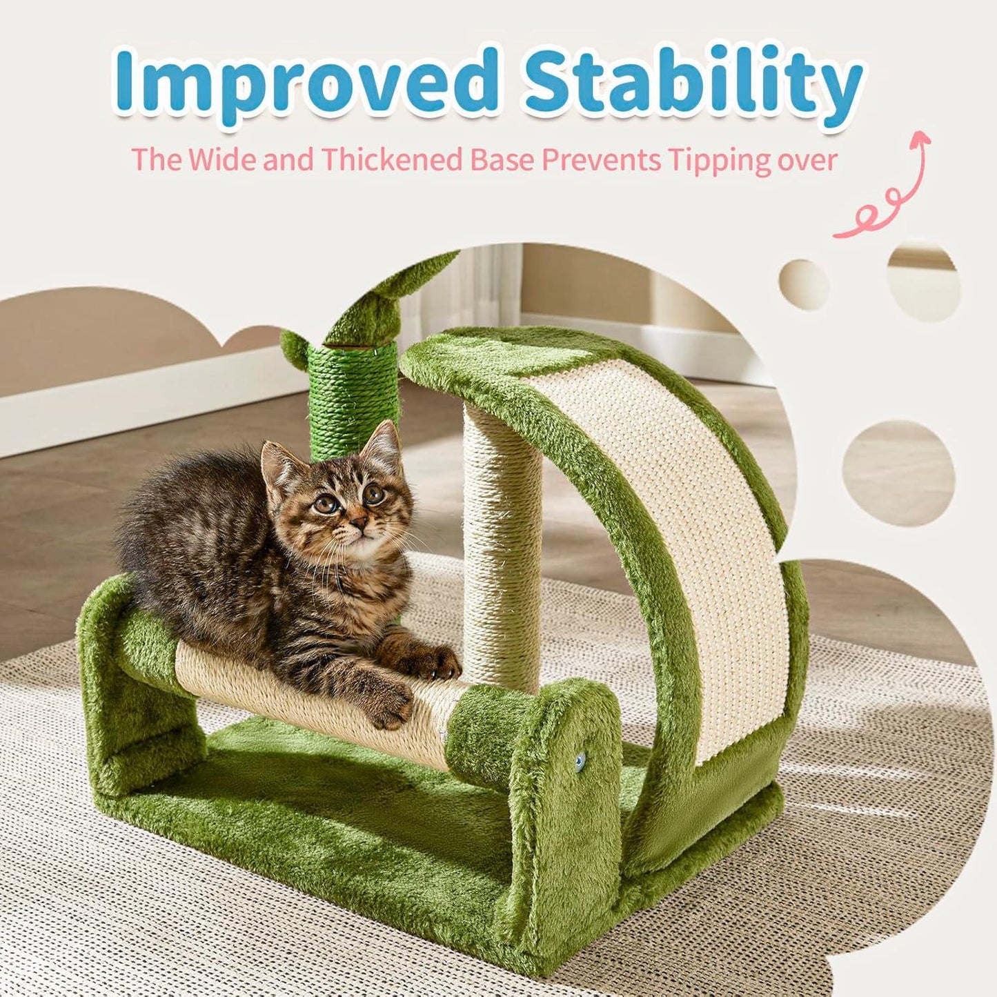Green cat play structure with a cat on it, labeled 'Improved Stability'.