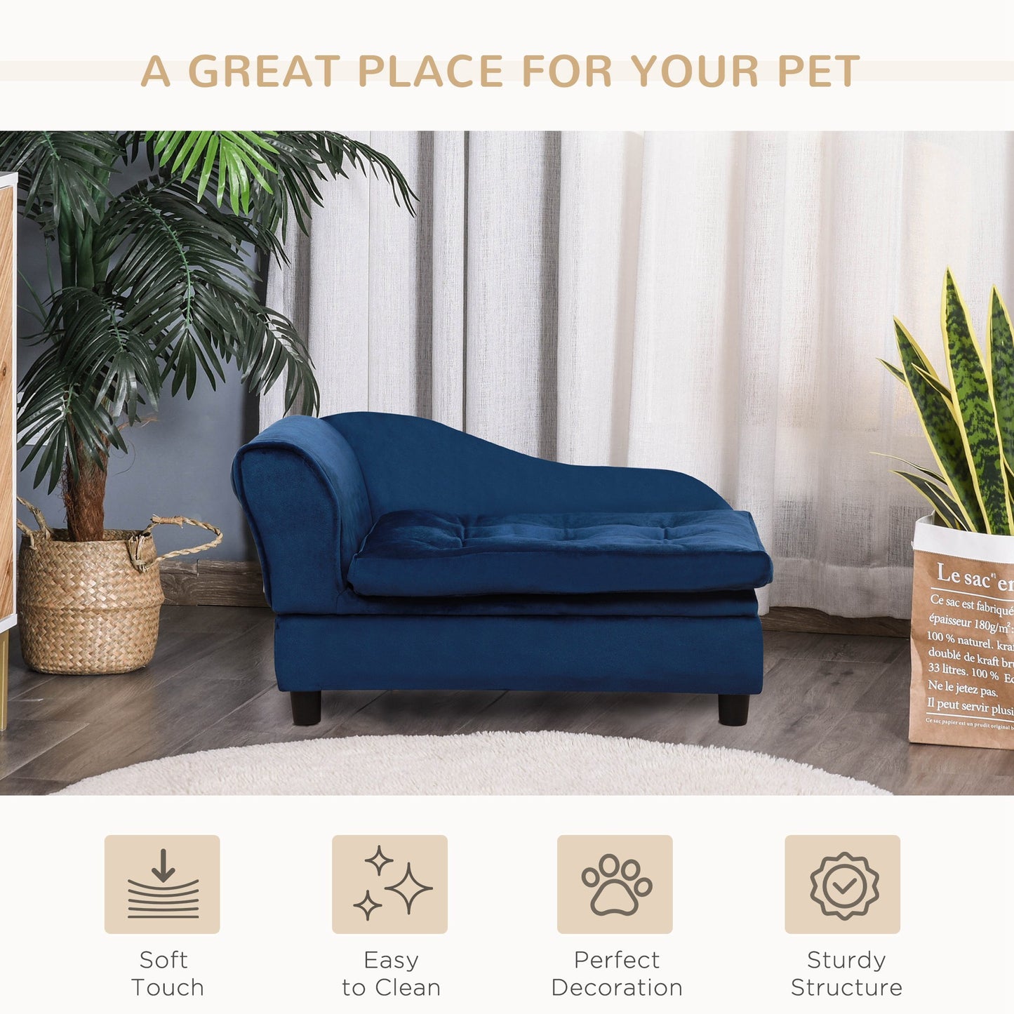 PawHut Luxury Small Dog Sofa Bed with Hidden Storage - Blue