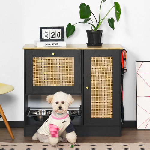 Wooden Dog Feeder Station with Storage Shelves & Pull-Out Bowls
