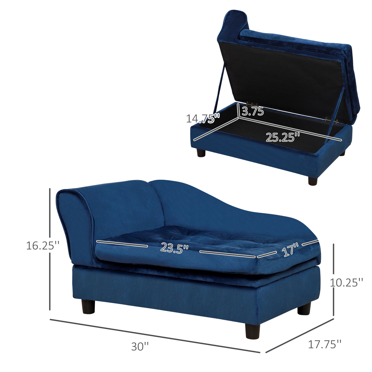 PawHut Luxury Small Dog Sofa Bed with Hidden Storage - Blue