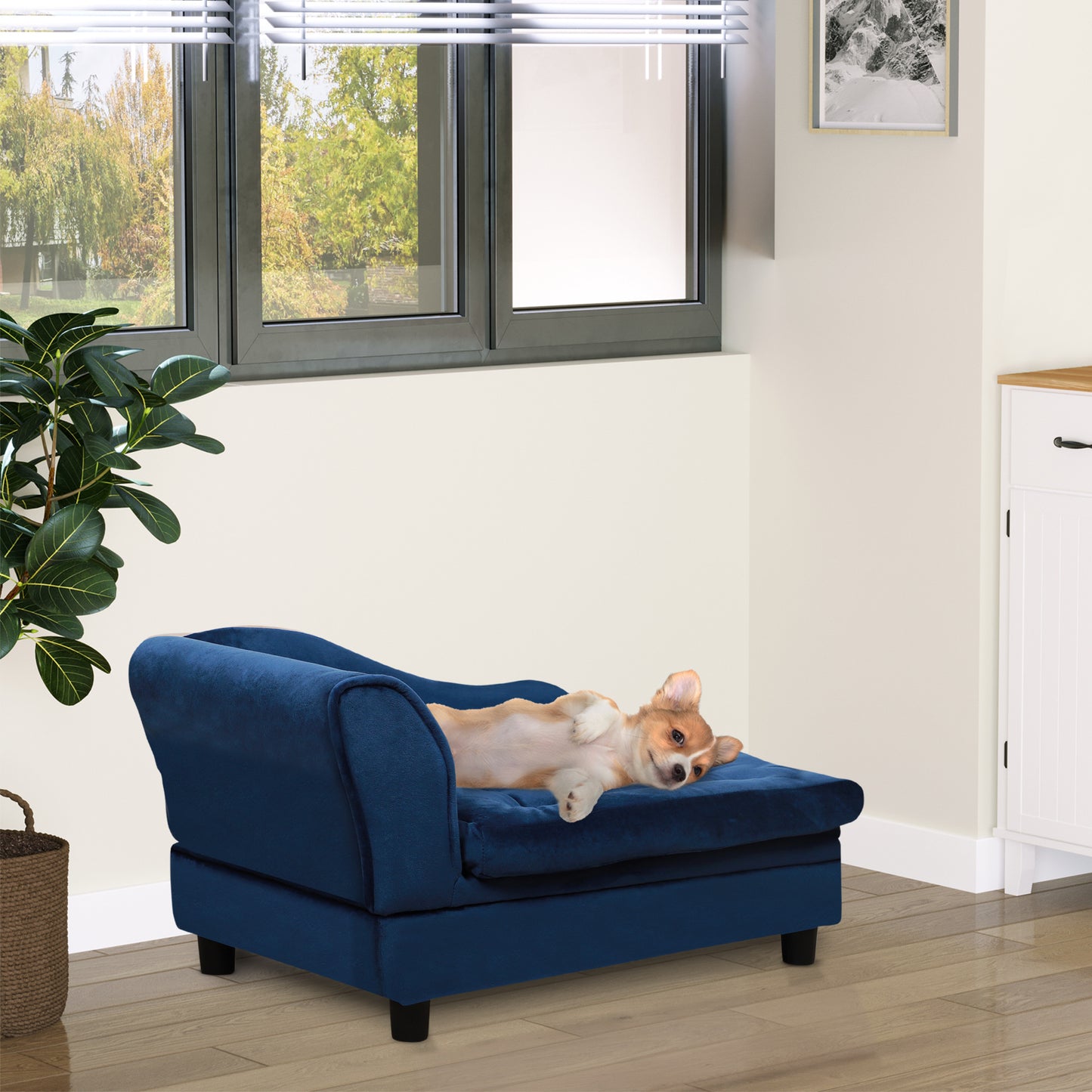 PawHut Luxury Small Dog Sofa Bed with Hidden Storage - Blue