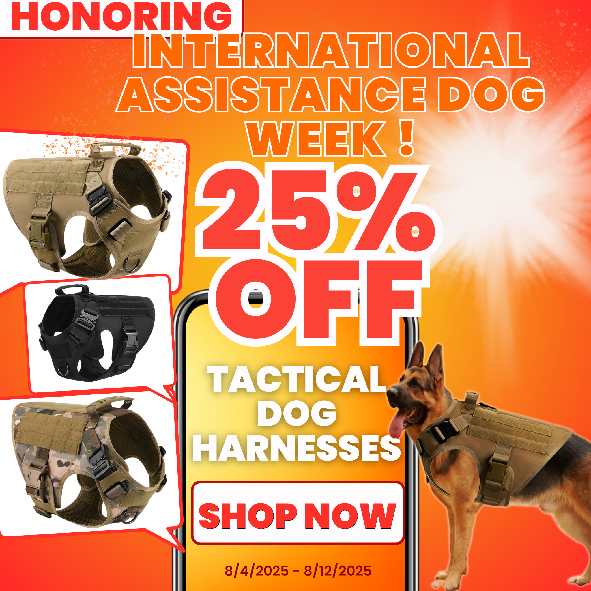 Promotional graphic for tactical dog harnesses with a dog wearing a harness, displaying text, and orange background.