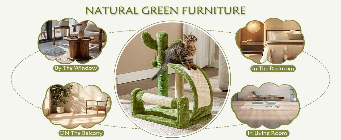 Cat climbing post with placement suggestions in various rooms