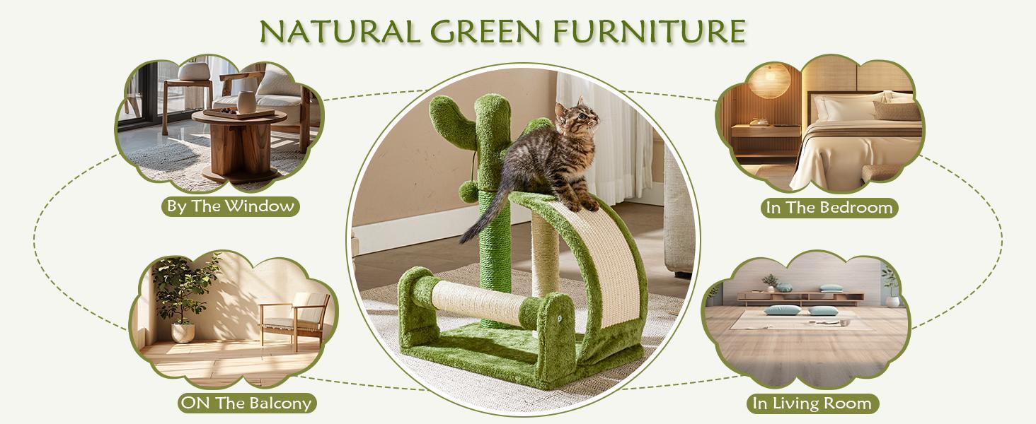 Cat climbing post with placement suggestions in various rooms