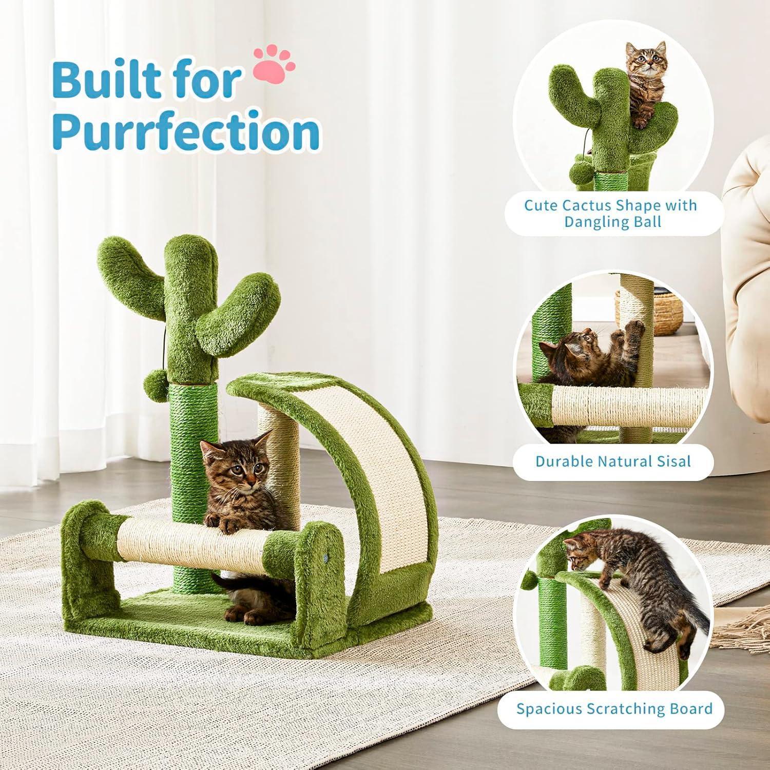 Cat play structure with cactus design, featuring a kitten on a light-colored rug.