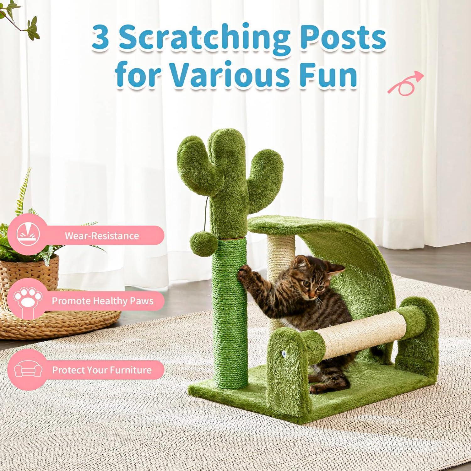 Green cat scratching post with a cat on it, featuring text about scratching posts and their benefits.
