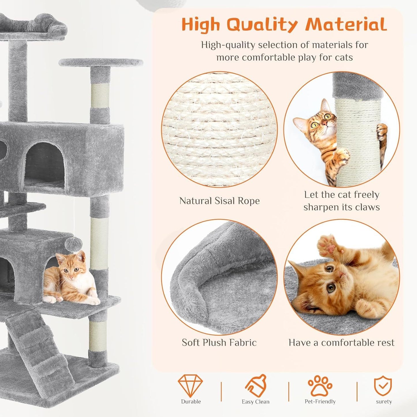 Pink Cat Tree Tower - Multi-level With Sisal Grab Post, Indoor Cat Apartment