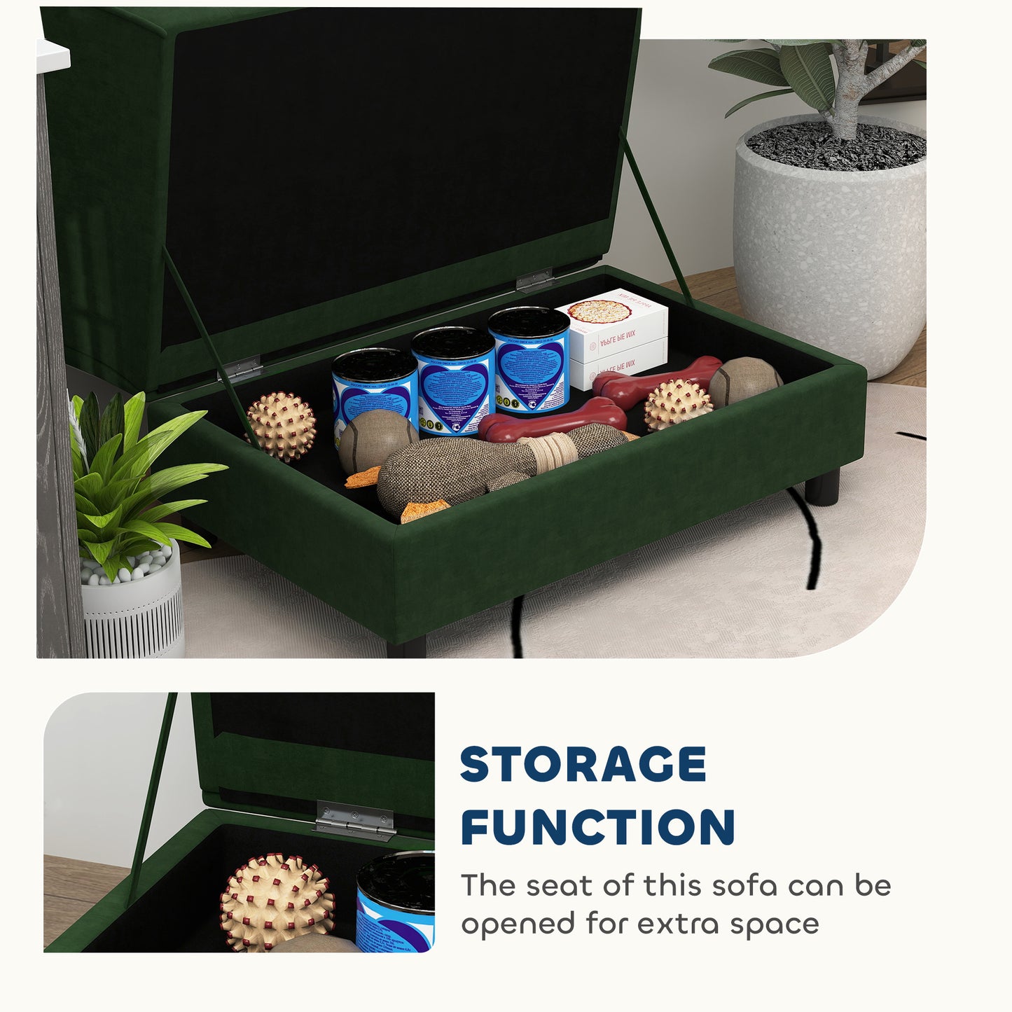 Green pet bed with open storage compartment containing pet toys and treats, with text highlighting storage function.