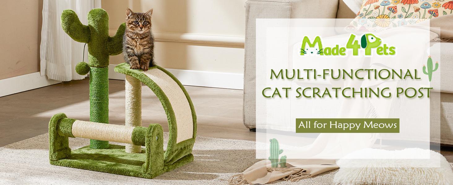 Green multi-functional cat scratching post with a cat on top, branded 'Made4Pets'.