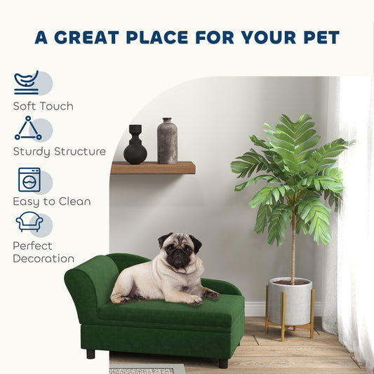 Green pet bed with a pug on it, surrounded by decor elements in a room setting.