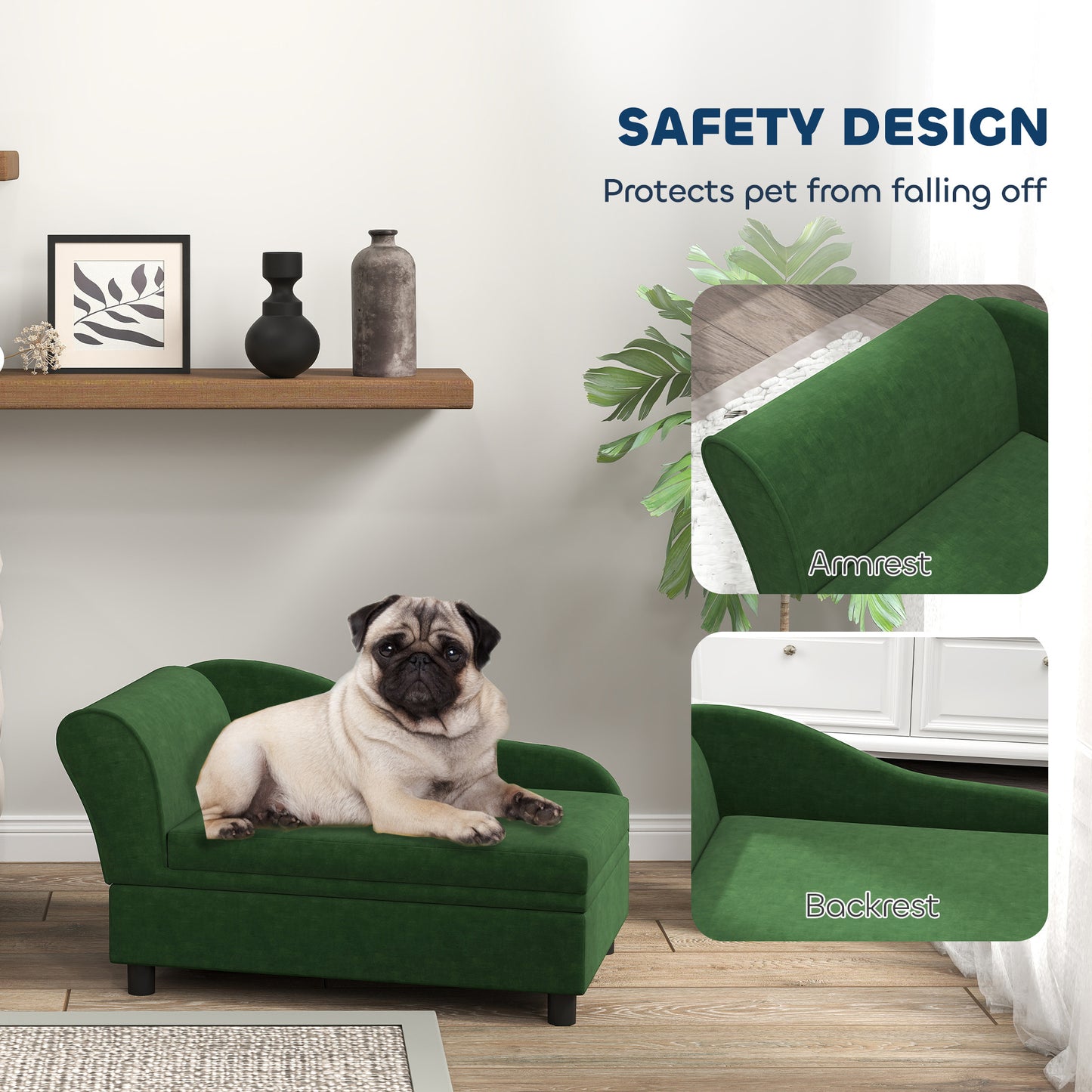Green pet sofa with a pug on it, safety design features highlighted.